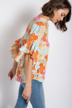 Orange Floral Print Ruffled Bell Sleeve Woven Top
