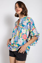 Steel Blue Floral Print Ruffled Bell Sleeve Woven Top