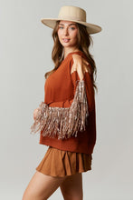 Brown Loose Fit Pullover With Star Patch & Fringe