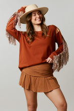 Brown Loose Fit Pullover With Star Patch & Fringe