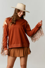 Brown Loose Fit Pullover With Star Patch & Fringe