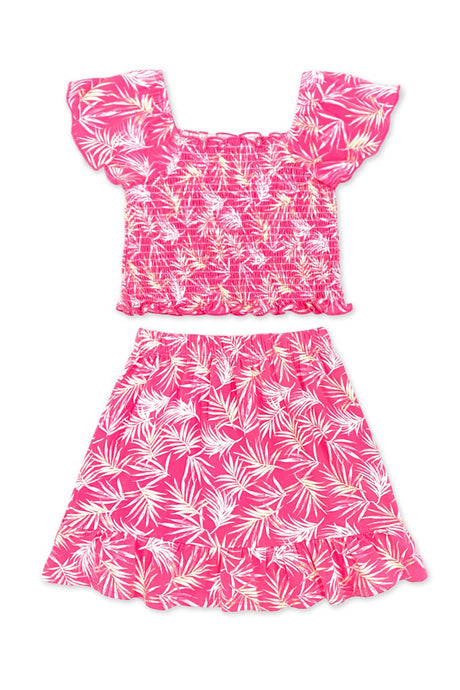 Ht Pink Tropical Girl's 2 Pc Gaucho Flare Pant Set W/ Smocking & Puff Sleeve
