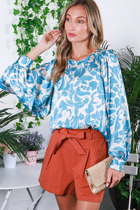 Blue Printed Satin Blouse Top