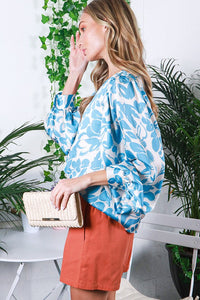 Blue Printed Satin Blouse Top