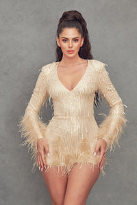Champagne Ostrich Feather Trim Romper