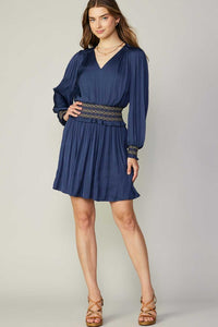 Navy Special Smocking With Ruffle Mini Dress