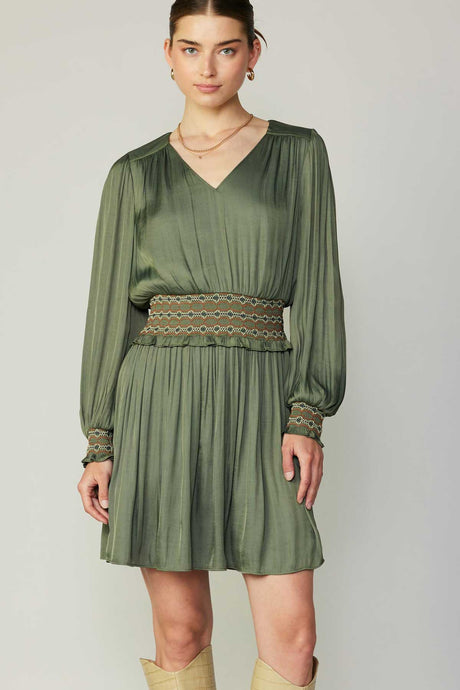 Olive Green Special Smocking With Ruffle Mini Dress