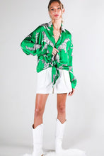 Green Tie Front Tiger Printed Satin Top