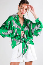 Green Tie Front Tiger Printed Satin Top