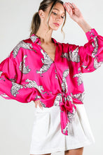 Fuchsia Tie Front Tiger Printed Satin Top