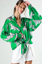 Green Tie Front Tiger Printed Satin Top