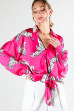 Fuchsia Tie Front Tiger Printed Satin Top