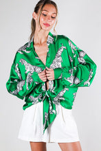 Green Tie Front Tiger Printed Satin Top