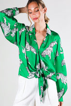 Green Tie Front Tiger Printed Satin Top