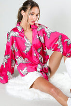 Fuchsia Tie Front Tiger Printed Satin Top