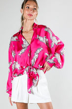 Fuchsia Tie Front Tiger Printed Satin Top