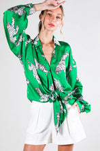 Green Tie Front Tiger Printed Satin Top