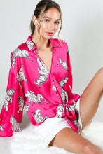 Fuchsia Tie Front Tiger Printed Satin Top