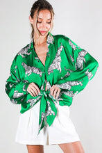 Green Tie Front Tiger Printed Satin Top
