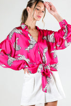 Fuchsia Tie Front Tiger Printed Satin Top