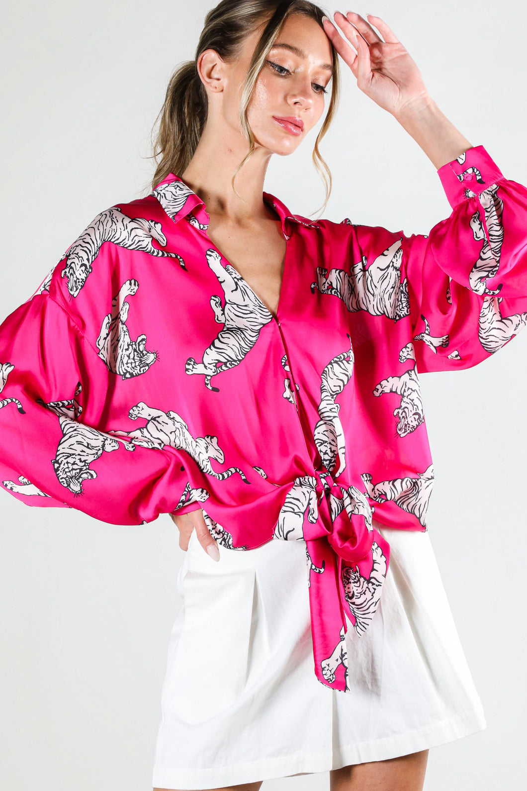 Fuchsia Tie Front Tiger Printed Satin Top