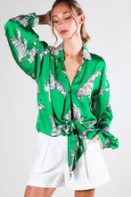 Green Tie Front Tiger Printed Satin Top