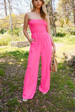Pink Smocked Wide Leg Jumpsuits With Pockets