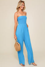 Blue Smocked Wide Leg Jumpsuits With Pockets
