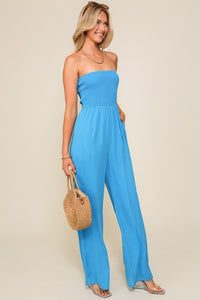 Blue Smocked Wide Leg Jumpsuits With Pockets