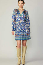 Navy Floral Mlt Border Print Smoked Waist Mini Dress