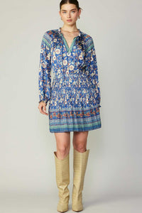 Navy Floral Mlt Border Print Smoked Waist Mini Dress