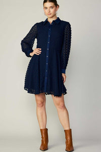 Navy Clipped Flower Jacquard Shirt Mini Dress
