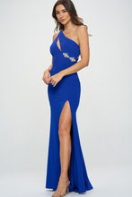 Royal Blue One Shoulder Front Cut Out Maxi Dress Jewel Detail