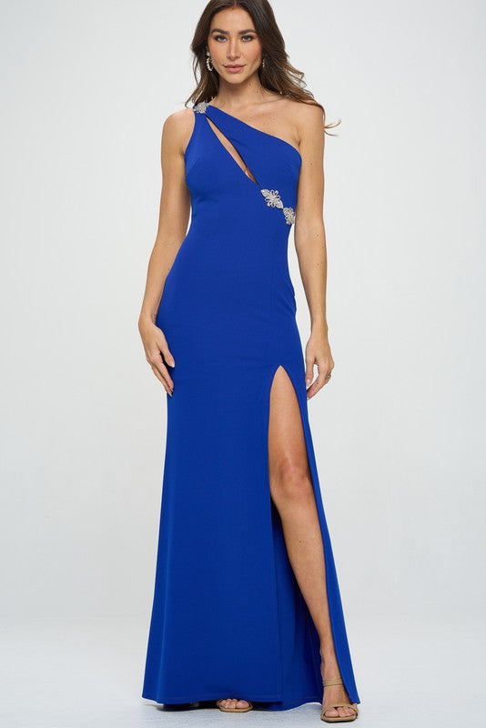 Royal Blue One Shoulder Front Cut Out Maxi Dress Jewel Detail – Aquarius  Brand