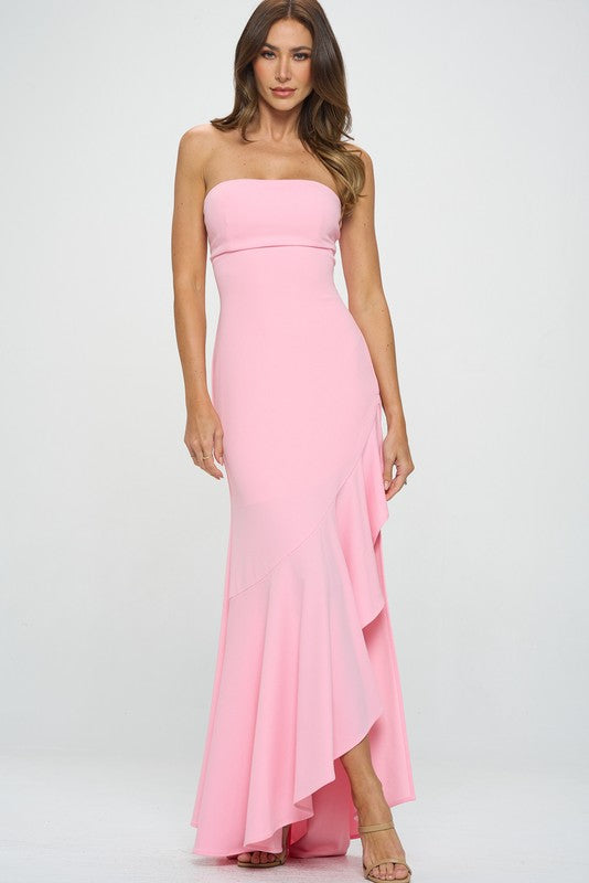 Baby Pink Strapless High Slit Ruffle Long Formal Dress – Aquarius Brand