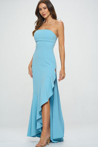 women's light blue strapless dress for school Baby Blue Strapless High Slit Ruffle Long Formal Dress – Aquarius Brand