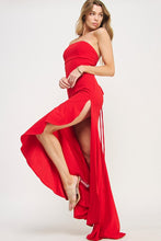 Red Strapless High Slit Ruffle Long Formal Dress