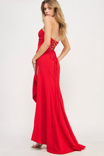 Red Strapless High Slit Ruffle Long Formal Dress