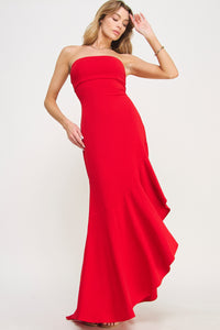 Red Strapless High Slit Ruffle Long Formal Dress