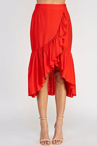 Tomato High Low Wrap Ruff Midi Skirt