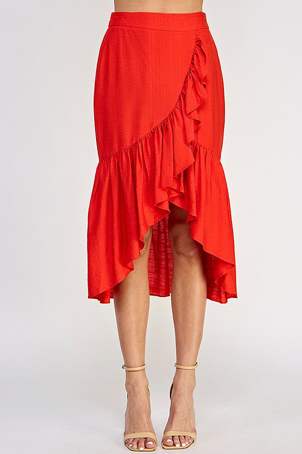 Tomato High Low Wrap Ruff Midi Skirt