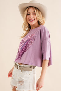 Purple Embellished Sequin Football Fringe Crop T Shirt