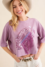 Purple Embellished Sequin Football Fringe Crop T Shirt