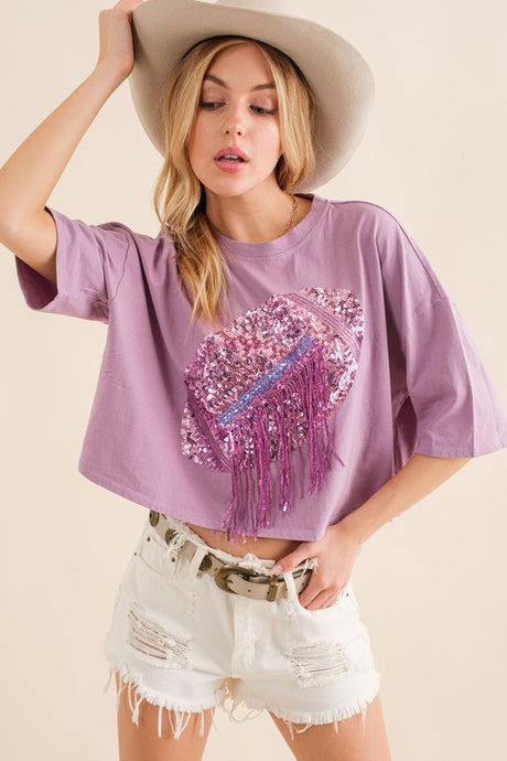 Purple Embellished Sequin Football Fringe Crop T Shirt
