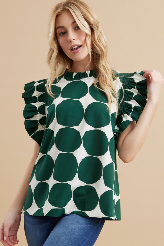 Hunter Green Dot Pattern Ruffle Cap Sleeves Top
