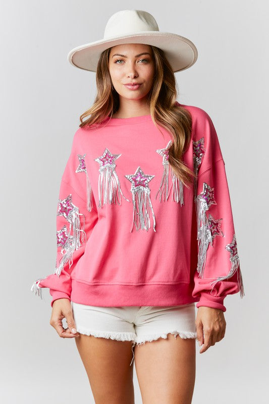 Fuchsia French Terry Pull Over With Star Sequins