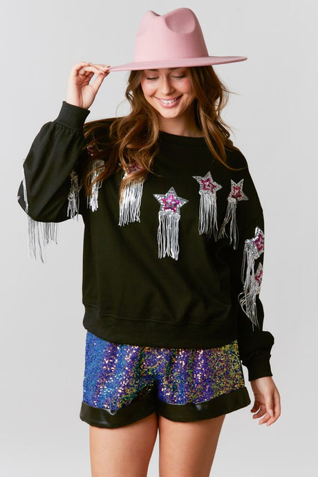 Black French Terry Pull Over With Star Sequins