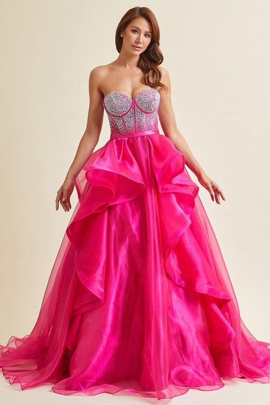 Fuchsia Strapless Sweetheart Boned Top A Line Dress