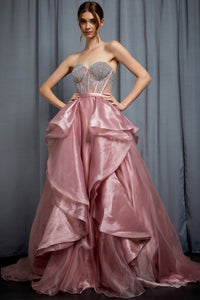 Dusty Rose Strapless Sweetheart Boned Top A Line Dress
