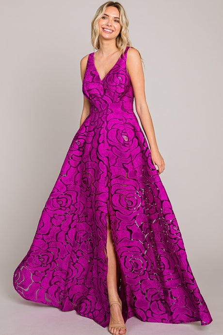 Magenta Jacquard Print Fabric Long Dress